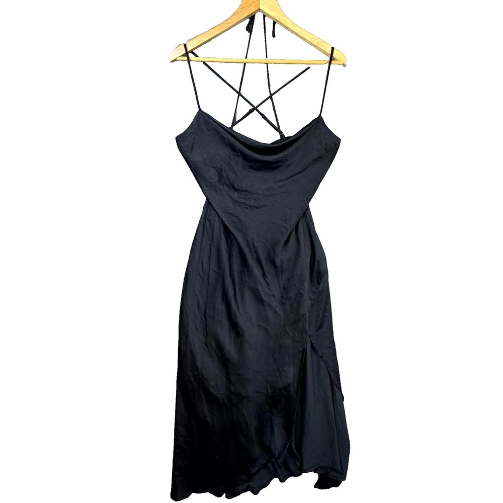 ASTR The Label Gaia Dress Womens Medium Black Satin Lined Sleeveless Cowl‎ Neck